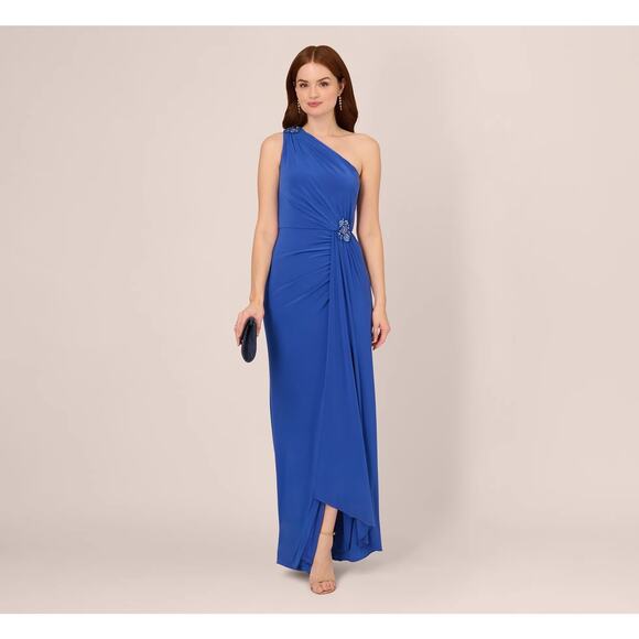 ADRIANNA PAPELL Draped One-Shoulder Jersey Blue Gown 6 NWT - Picture 4 of 10